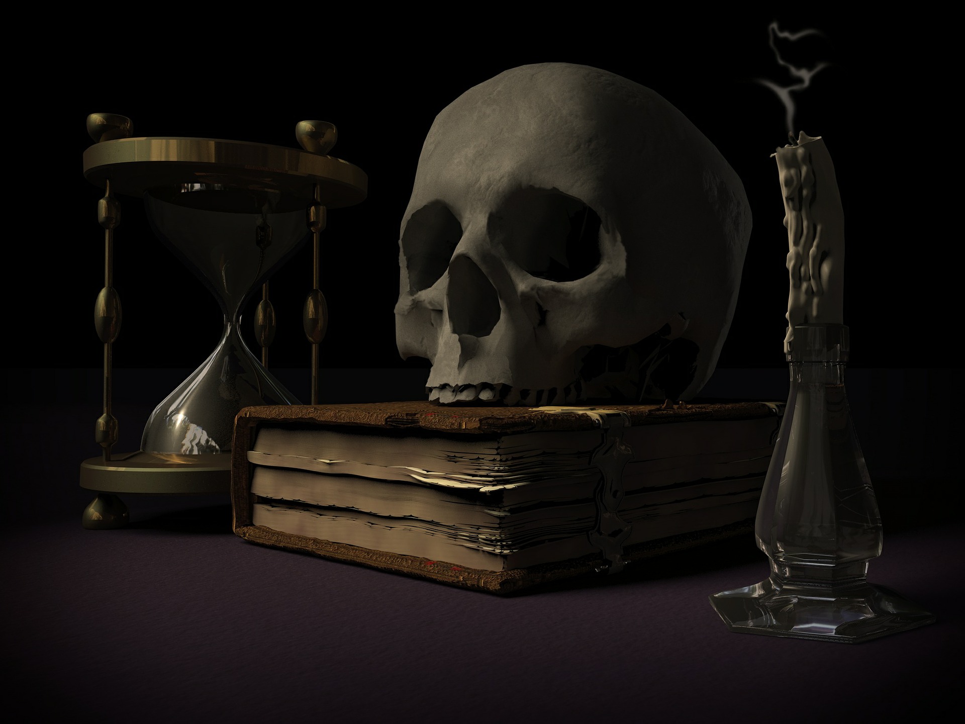 timeglas bog og kranium	